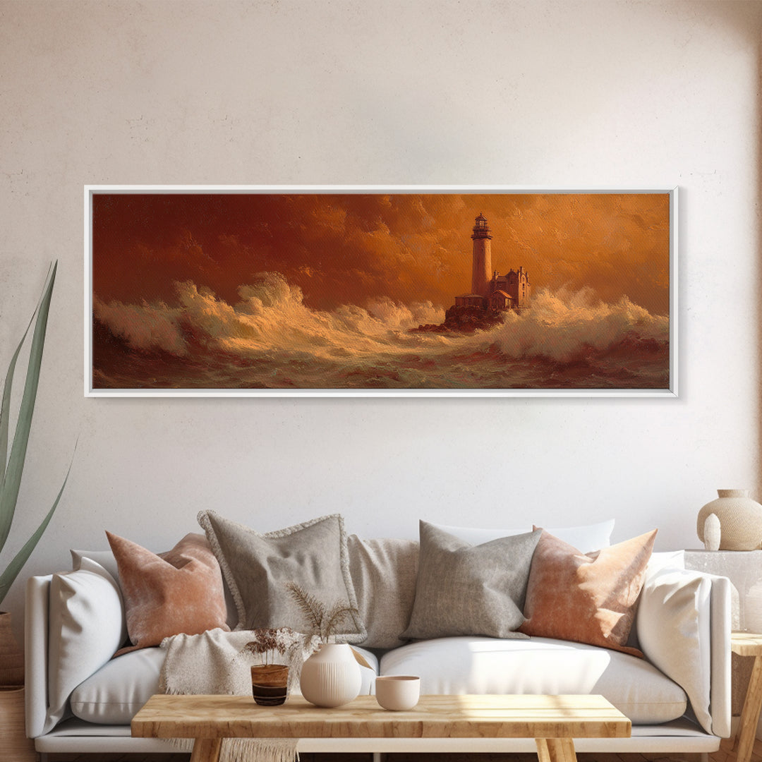 Lighthouse with Crashing Waves Framed Canvas Print, Traditional Art, Indian Wall Art, Living Room Decor, Watercolor Art, TRA-3x1-37