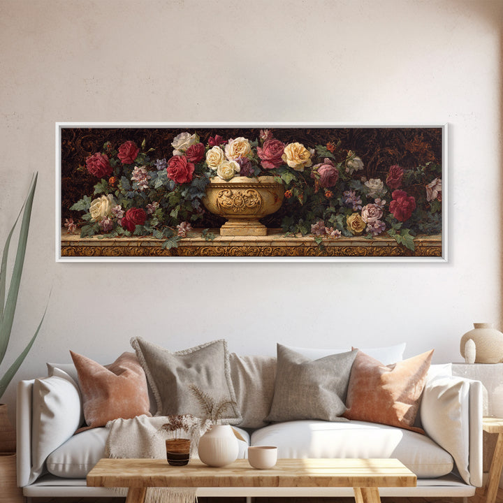 Garden Urn with Roses and Ivy Canvas Print, Traditional Art, Neutral Decor, Living Room Decor, Oil Painting, Classic, TRA-3x1-40