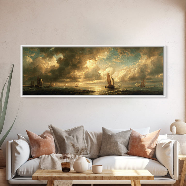 Seascape with Sailboats and Cloudy Sky Canvas Print, Traditional Art, Indian Decor, Living Room Decor, Fine Art, Classic, TRA-3x1-45