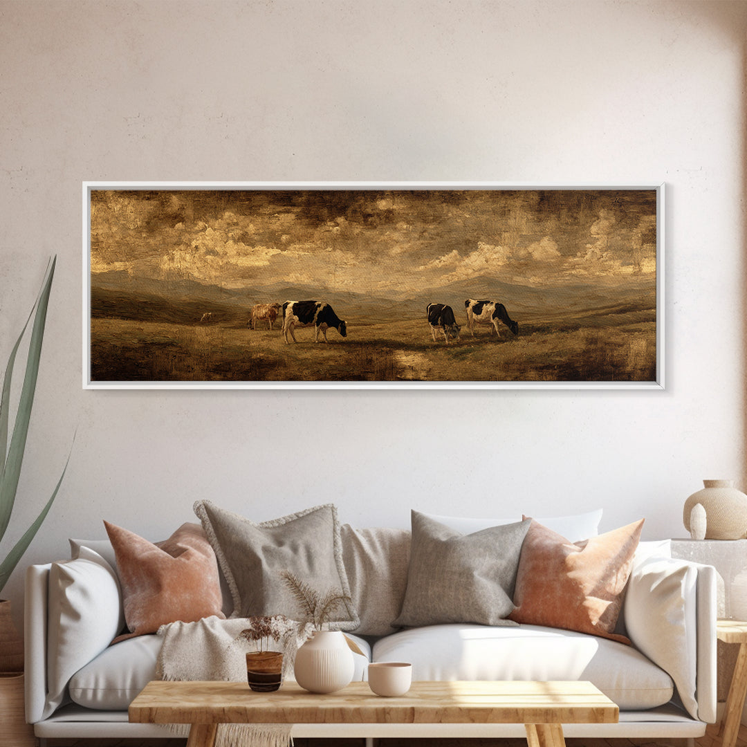 Pastoral Countryside with Cows in Field Framed Canvas Print, Traditional Art, Living Room Decor, Oil Painting, Classic, TRA-3x1-47