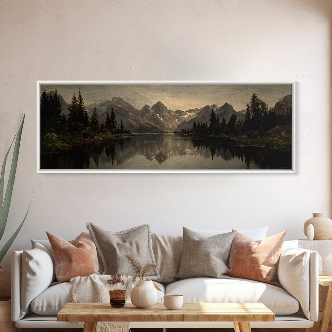 Mountain Lake with Pine Forest Reflection Canvas Print, Traditional Art, Landscape, Living Room Decor, Fine Art, Classic, TRA-3x1-49