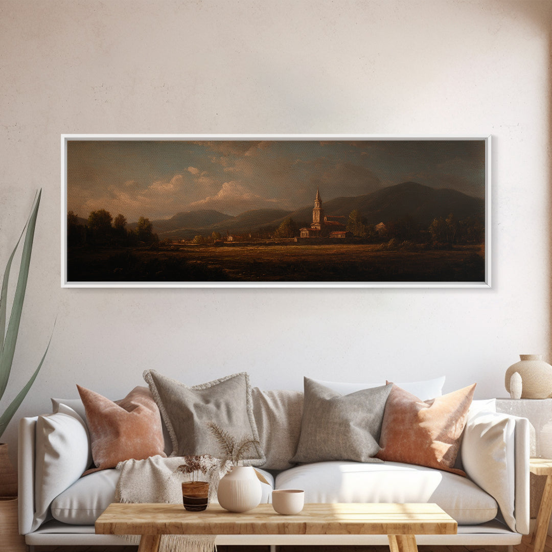 Church Steeple Across Rural Meadow Framed Canvas Print, Traditional Art, Printable Art, Living Room Decor, Watercolor Art, TRA-3x1-5