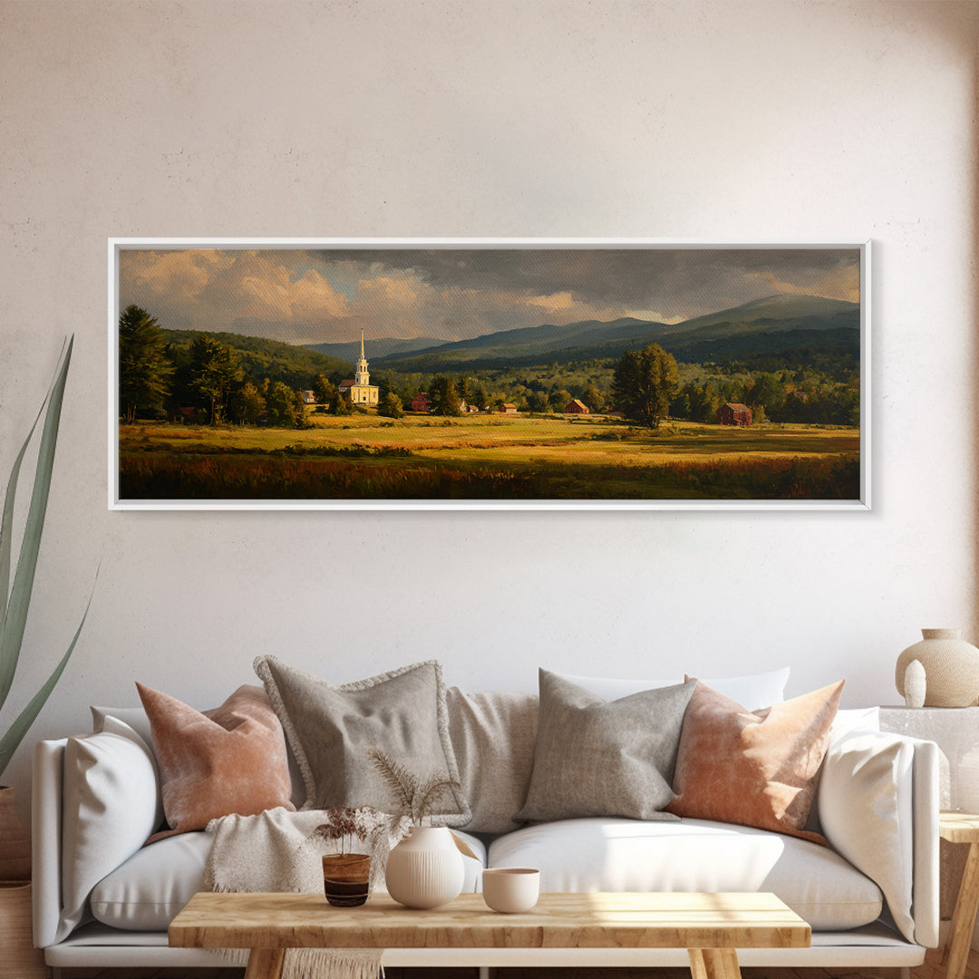 Church Steeple Across Rural Meadow Framed Canvas Print, Traditional Art, Indian Art, Living Room Decor, Oil Painting, Classic, TRA-3x1-53