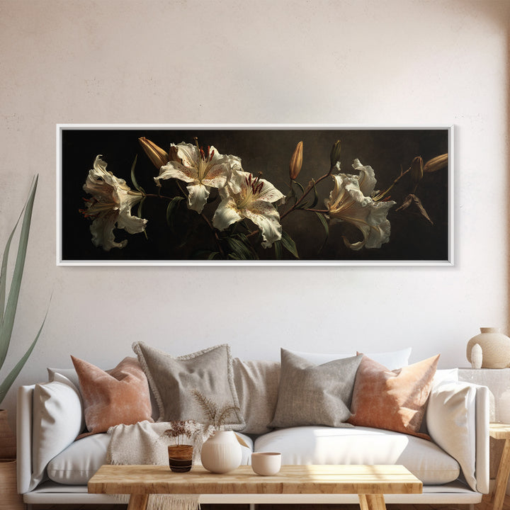 White Lilies on Dark Background Framed Canvas Print, Traditional Art, Art, Living Room Decor, Fine Art, Classic, Printable Art, TRA-3x1-55