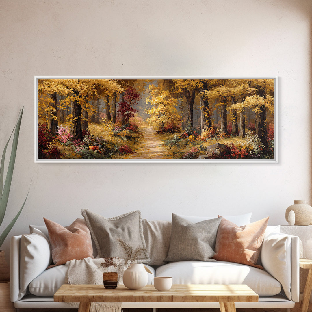 Autumn Forest Road Framed Canvas Print, Traditional Art, Minimalist Decor, Living Room Decor, Oil Painting, Classic, Boho, TRA-3x1-56