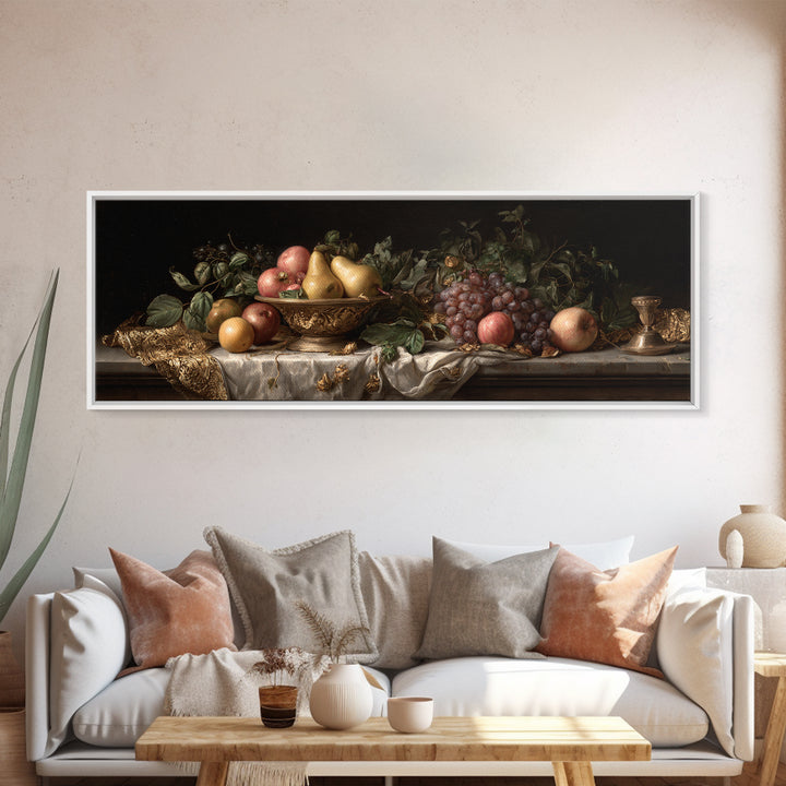 Basket of Apples and Pears on Linen Framed Canvas Print, Traditional Art, Art Commissions, Living Room Decor, Fine Art, Classic, TRA-3x1-58