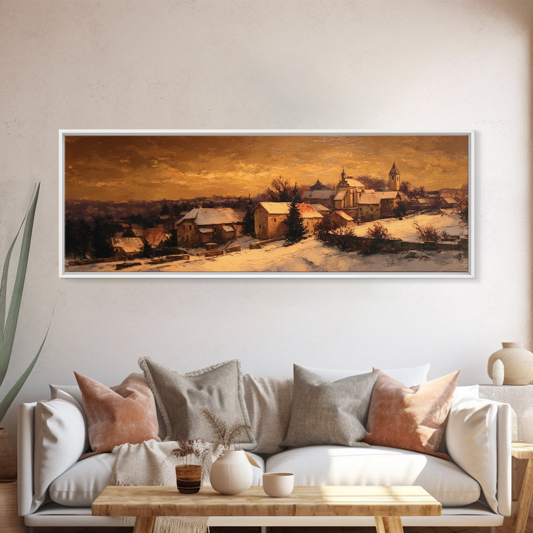 Snowy Village Landscape at Twilight Framed Canvas Print, Traditional Art, Wall Decor, Living Room Decor, Fine Art, Classic, TRA-3x1-59