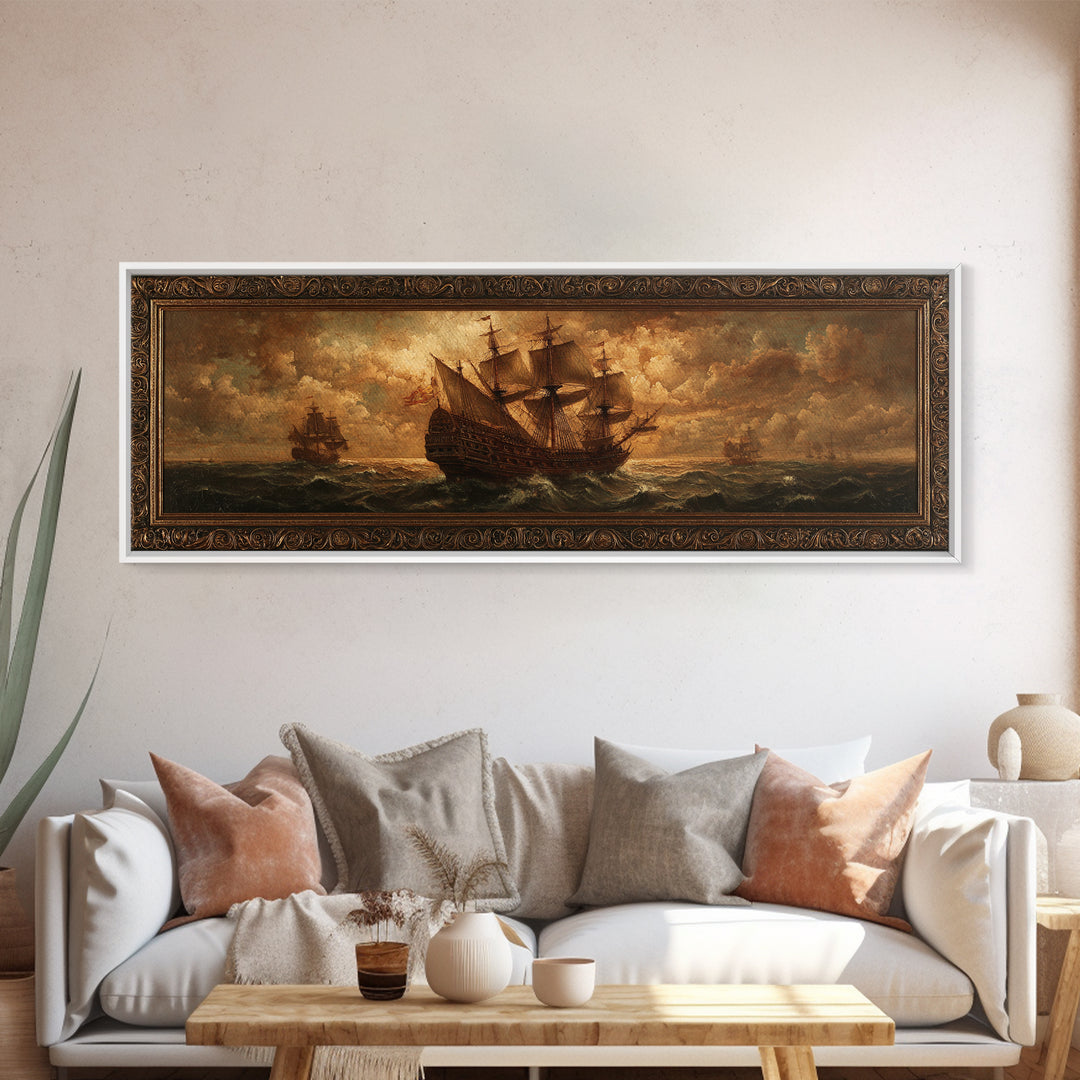 Ship at Sea Canvas Print, Traditional Art, Indian Decor, Living Room Decor, Fine Art, Classic, Luxury Decor, Textured Painting, TRA-3x1-6