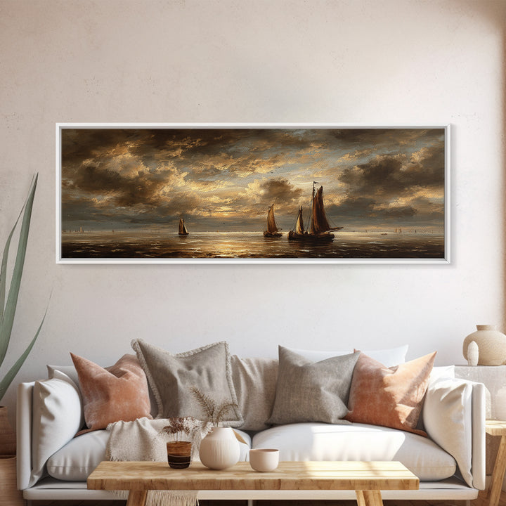 Seascape with Sailboats and Cloudy Sky Framed Canvas Print, Traditional Art, Gallery Decor, Living Room Decor, Classic, TRA-3x1-69