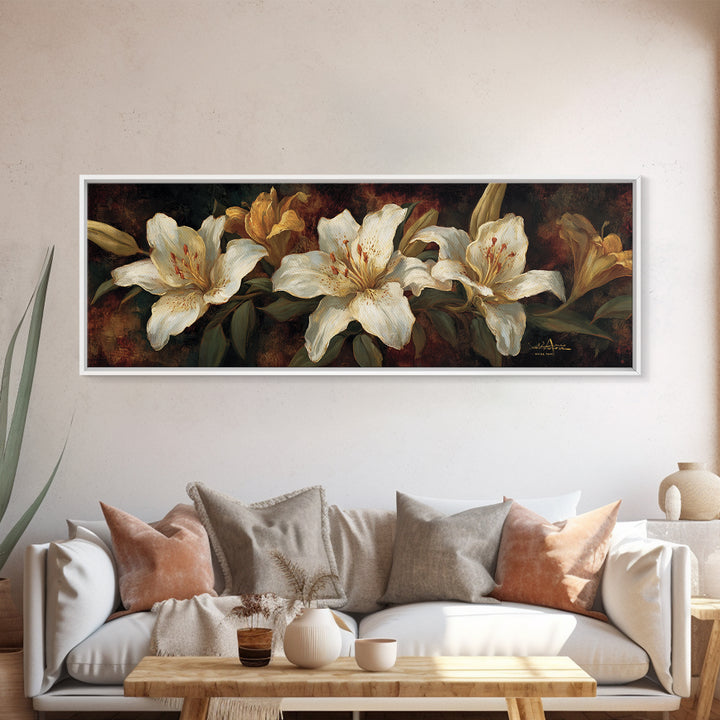 White Lilies on Dark Background Framed Canvas Print, Traditional Art, Statement Artwork, Living Room Decor, Fine Art, Classic, TRA-3x1-7