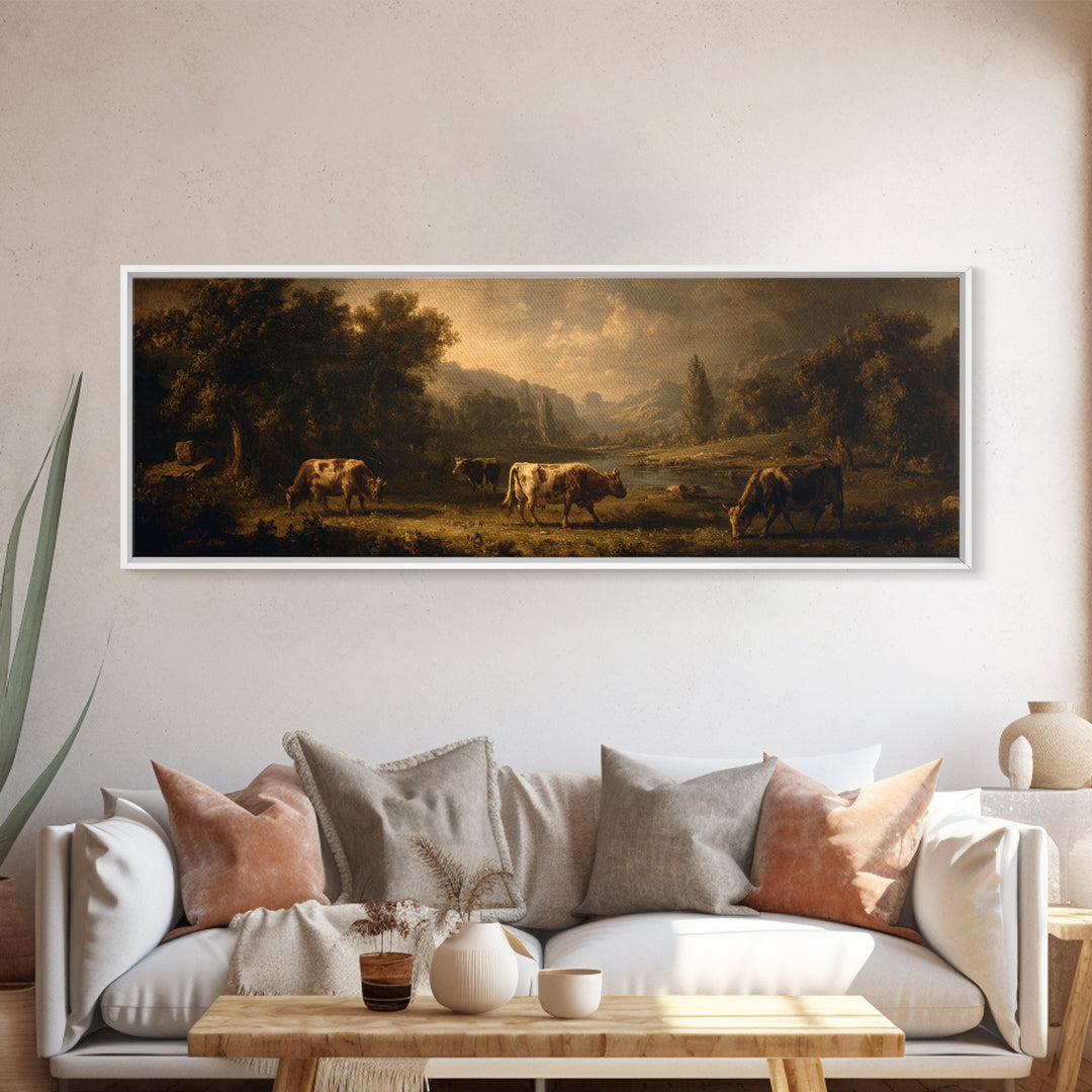 Pastoral Countryside with Cows in Field Canvas Print, Traditional Art, Artwork, Living Room Decor, Fine Art, Classic, TRA-3x1-71