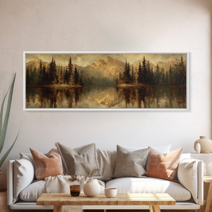 Mountain Lake with Pine Forest Reflection Framed Canvas Print, Traditional Art, Neutral Decor, Living Room Decor, Oil Painting, TRA-3x1-73