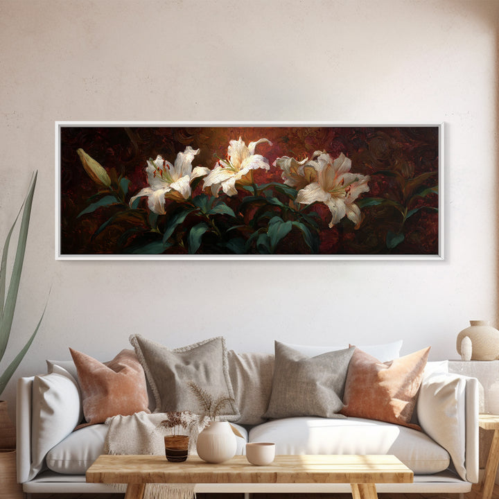 White Lilies on Dark Background Framed Canvas Print, Traditional Art, Digital Print, Living Room Decor, Oil Painting, Classic, TRA-3x1-79