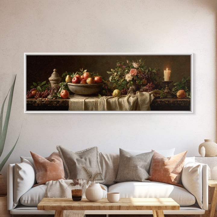 Basket of Apples and Pears on Linen Framed Canvas Print, Traditional Art, Art Commissions, Living Room Decor, Fine Art, Classic, TRA-3x1-82