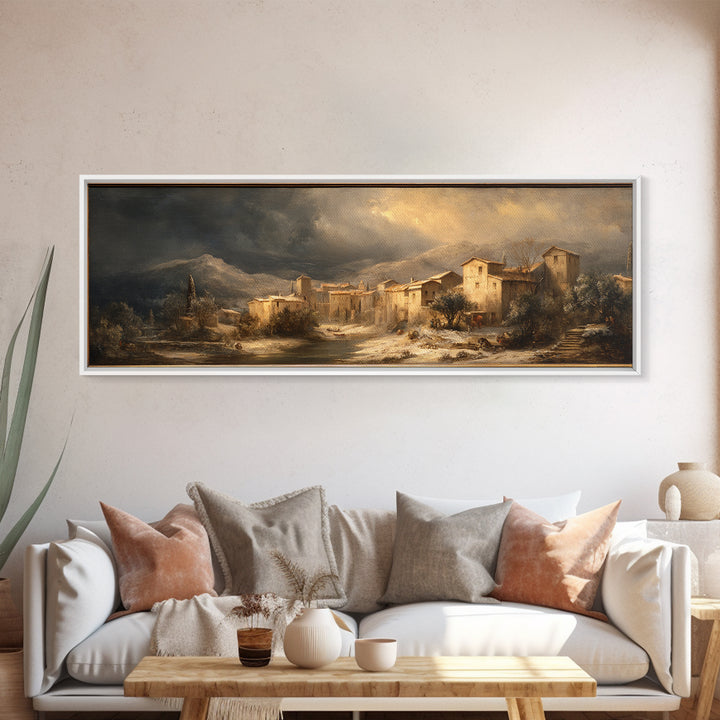 Snowy Village Landscape at Twilight Canvas Print, Traditional Art, Art Commission, Living Room Decor, Fine Art, Classic, TRA-3x1-83