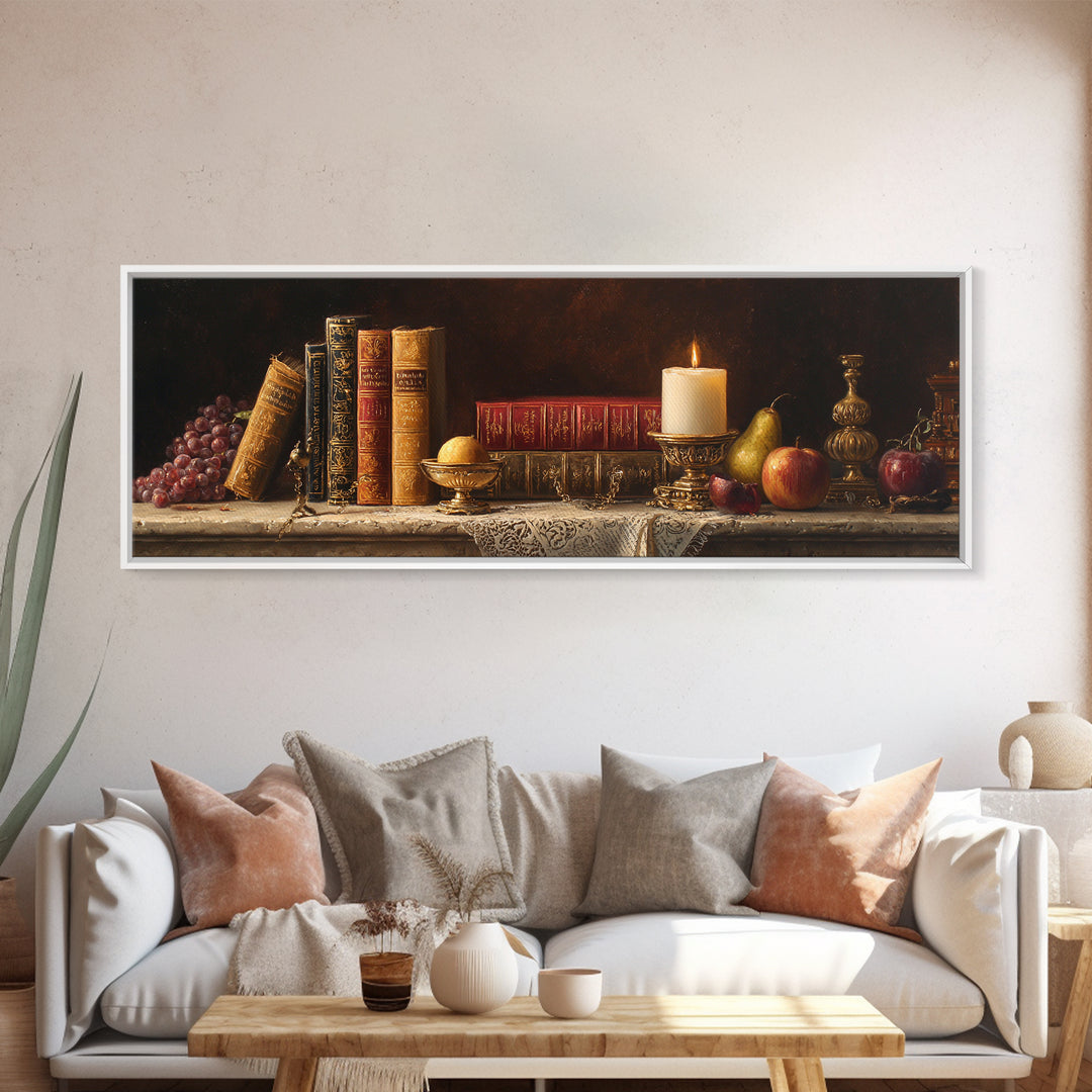 Still Life of Books Candle and Fruit Framed Canvas Print, Traditional Art, Painting, Living Room Decor, Fine Art, Classic, TRA-3x1-84