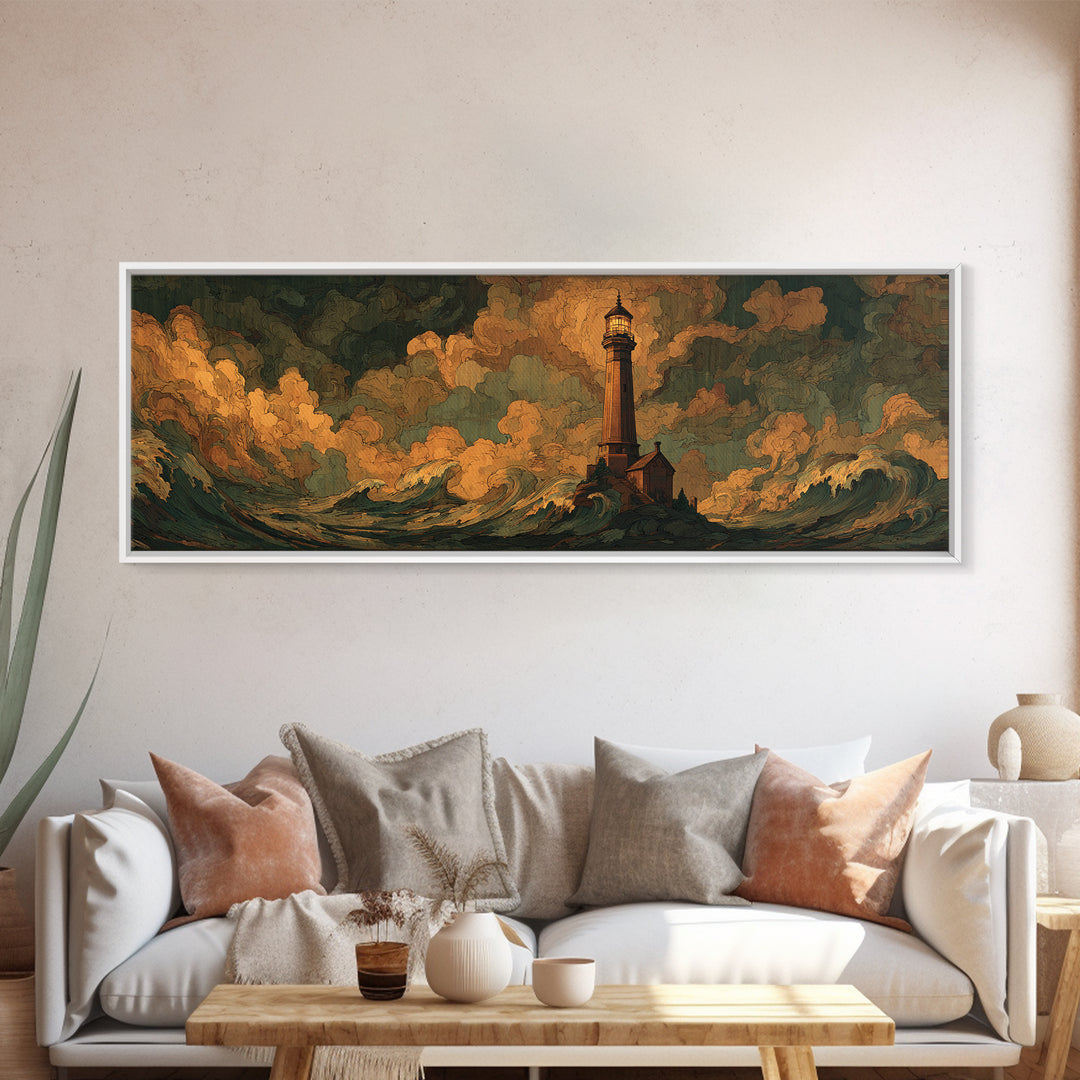 Lighthouse with Crashing Waves Canvas Print, Traditional Art, Dark Art, Living Room Decor, Oil Painting, Classic, TRA-3x1-85