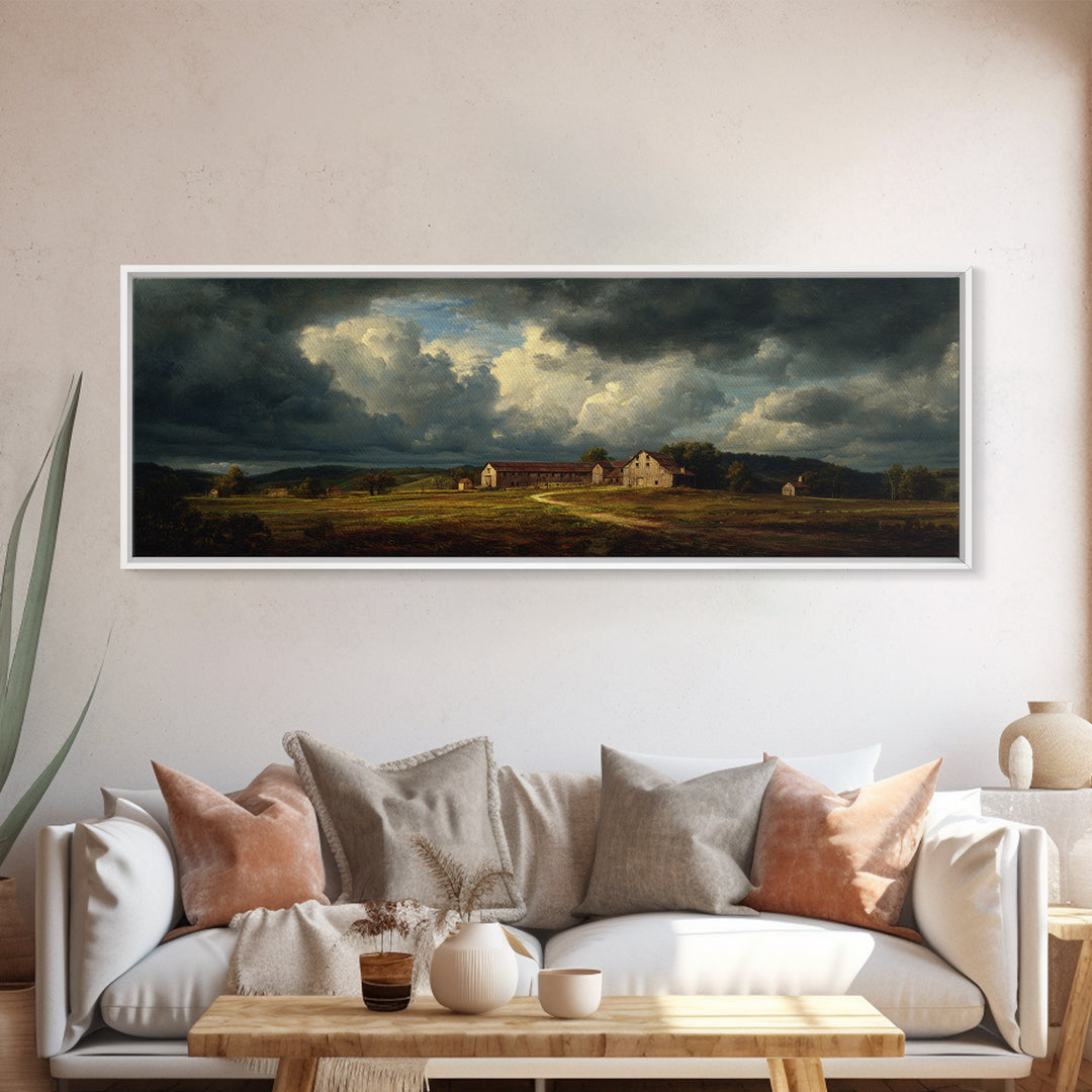 Barn and Farmland Framed Canvas Print, Traditional Art, Boho, Living Room Decor, Classic, Indian Wall Art, Japanese Decor, TRA-3x1-87