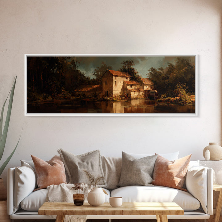 Watermill Beside a Quiet Stream Framed Canvas Print, Traditional Art, Living Room Decor, Fine Art, Classic, Dark Art, TRA-3x1-9