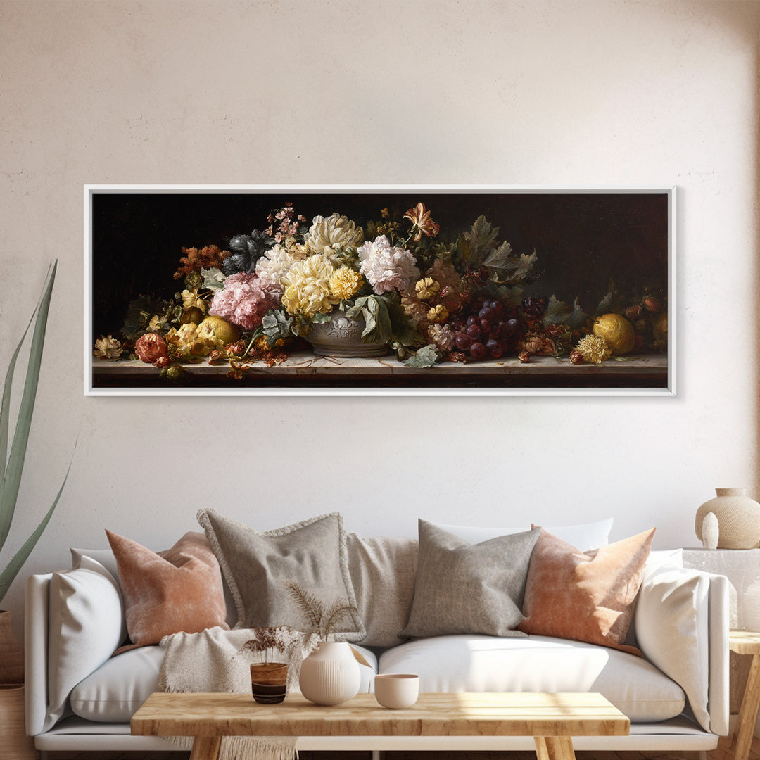 Formal Floral Still Life Framed Canvas Print, Traditional Art, Indian Decor, Living Room Decor, Fine Art, Classic, Luxury Decor, TRA-3x1-90