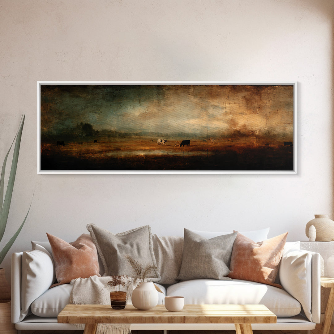 Pastoral Countryside with Cows in Field Canvas Print, Traditional Art, Art Print, Living Room Decor, Oil Painting, Classic, TRA-3x1-95