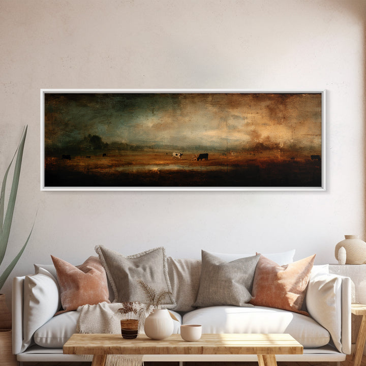 Pastoral Countryside with Cows in Field Canvas Print, Traditional Art, Art Print, Living Room Decor, Oil Painting, Classic, TRA-3x1-95