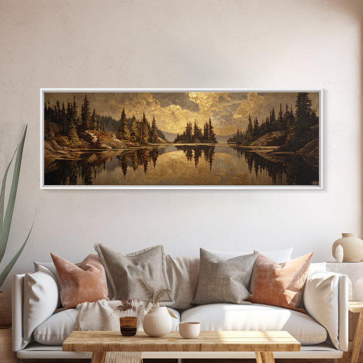 Mountain Lake with Pine Forest Reflection Canvas Print, Traditional Art, Luxury Decor, Living Room Decor, Fine Art, Classic, TRA-3x1-97