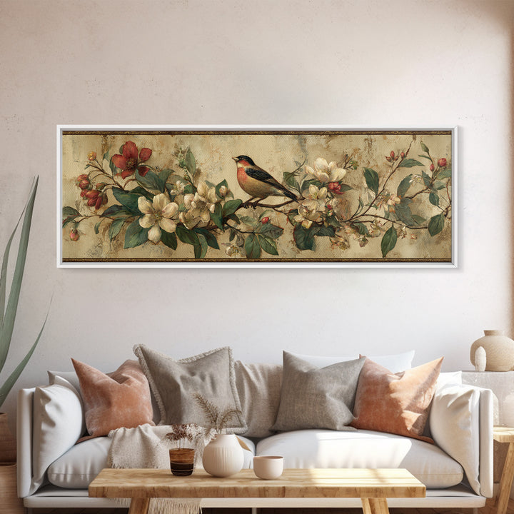 Bird Study on a Flowering Branch Canvas Print, Traditional Art, Indian Art, Living Room Decor, Oil Painting, Classic, TRA-3x1-98