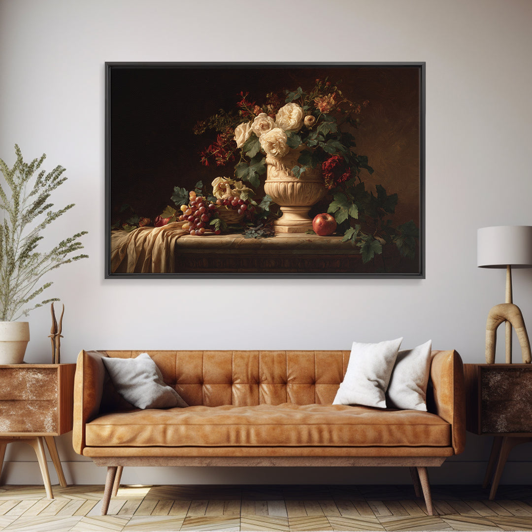 Garden Urn with Roses and Ivy Framed Canvas Print, Traditional Art, Wall Art, Living Room Decor, Watercolor Art, Classic, TRA-3x2-100