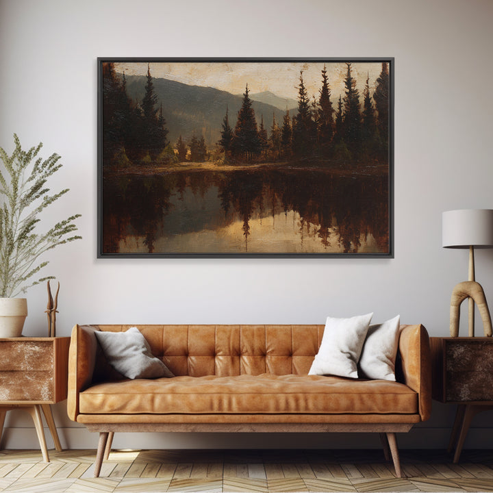 Mountain Lake with Pine Forest Reflection Framed Canvas Print, Traditional Art, Indian Wall Art, Living Room Decor, Classic, TRA-3x2-13