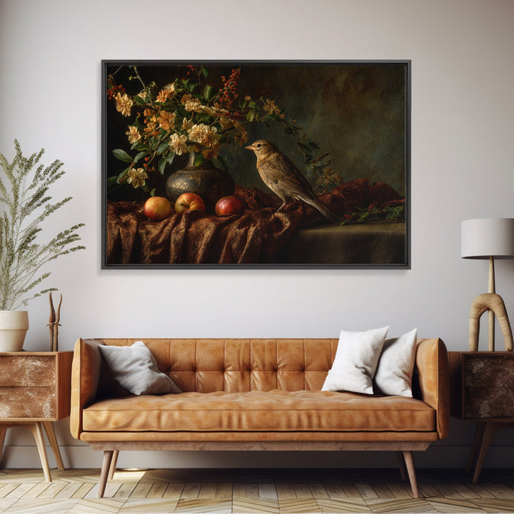 Bird Study on a Flowering Branch Framed Canvas Print, Traditional Art, Artwork, Living Room Decor, Oil Painting, Classic, TRA-3x2-14