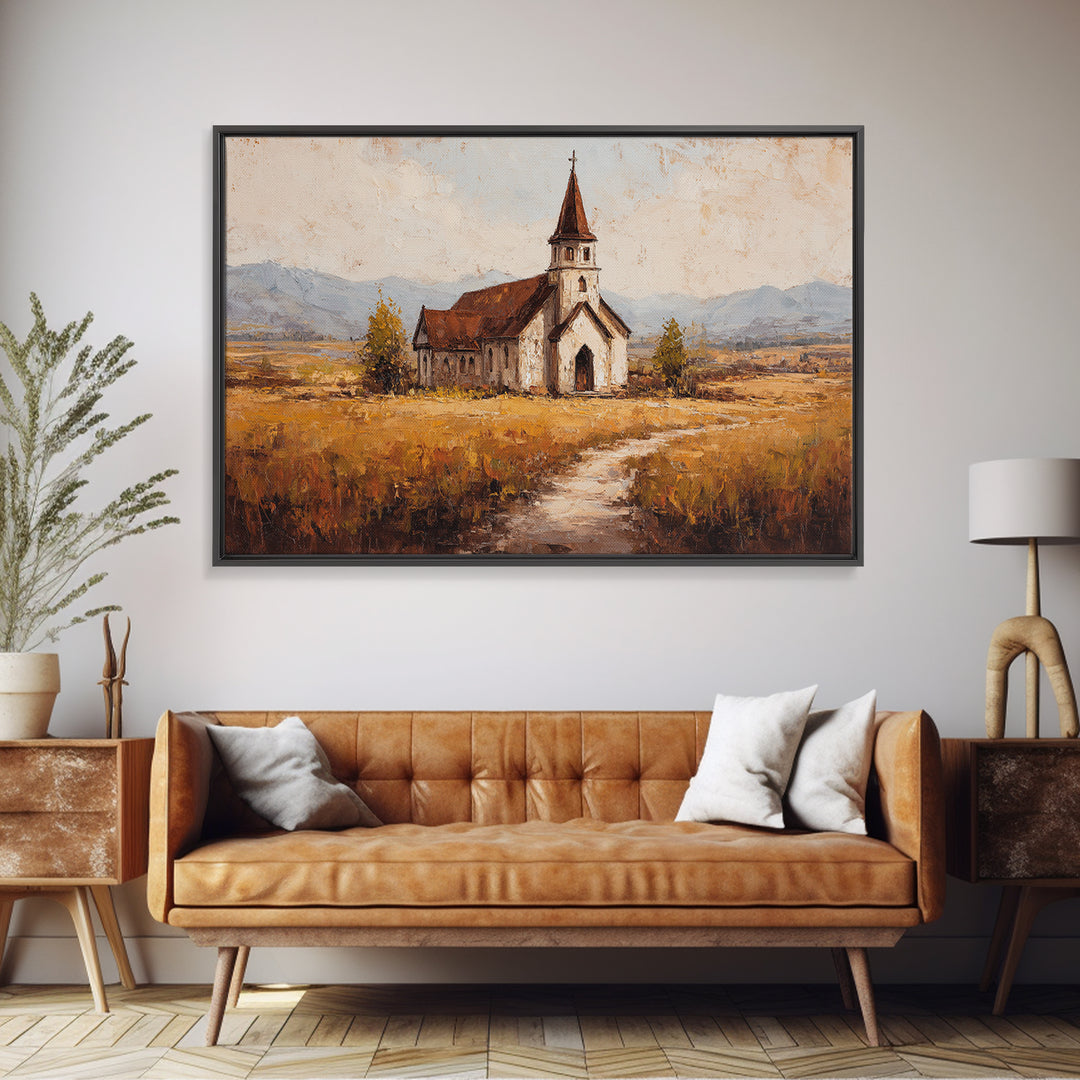 Church Steeple Across Rural Meadow Canvas Print, Traditional Art, Japanese Decor, Living Room Decor, Fine Art, Classic, TRA-3x2-17