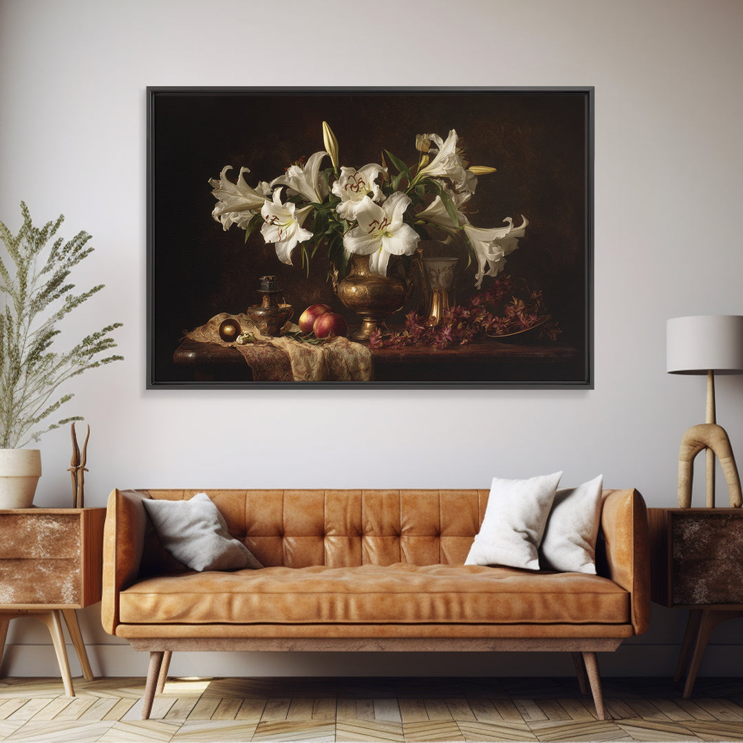 White Lilies on Dark Background Framed Canvas Print, Traditional Art, Statement Artwork, Living Room Decor, Fine Art, Classic, TRA-3x2-19