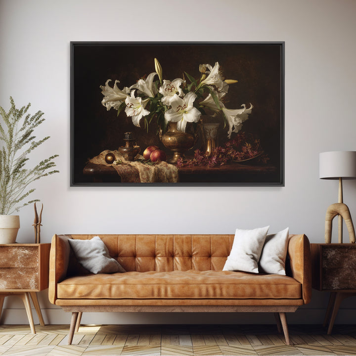 White Lilies on Dark Background Framed Canvas Print, Traditional Art, Statement Artwork, Living Room Decor, Fine Art, Classic, TRA-3x2-19