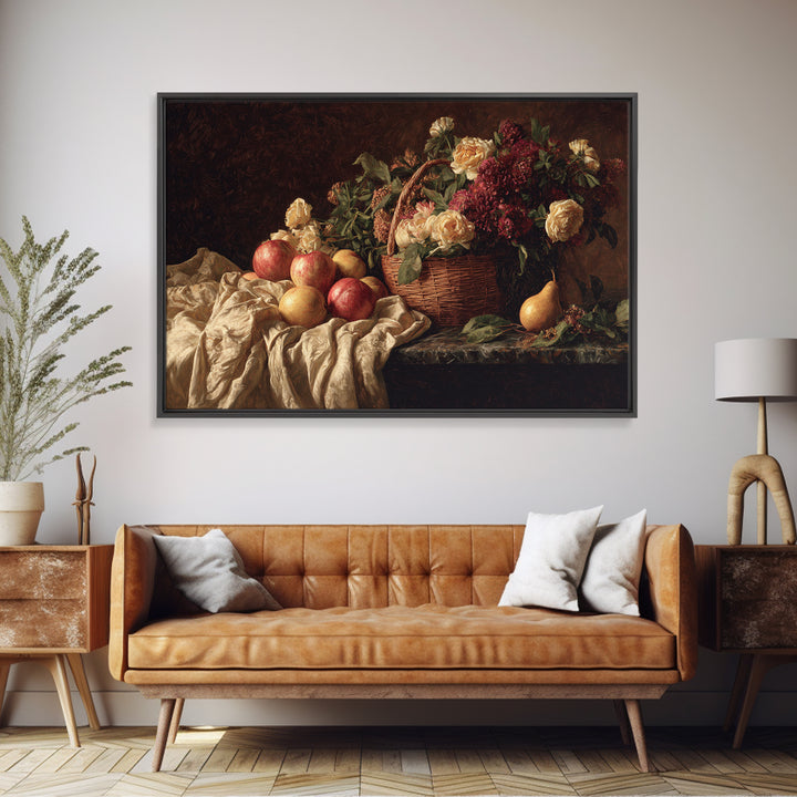 Basket of Apples and Pears on Linen Canvas Print, Traditional Art, Digital Print, Living Room Decor, Abstract Art, Classic, TRA-3x2-22