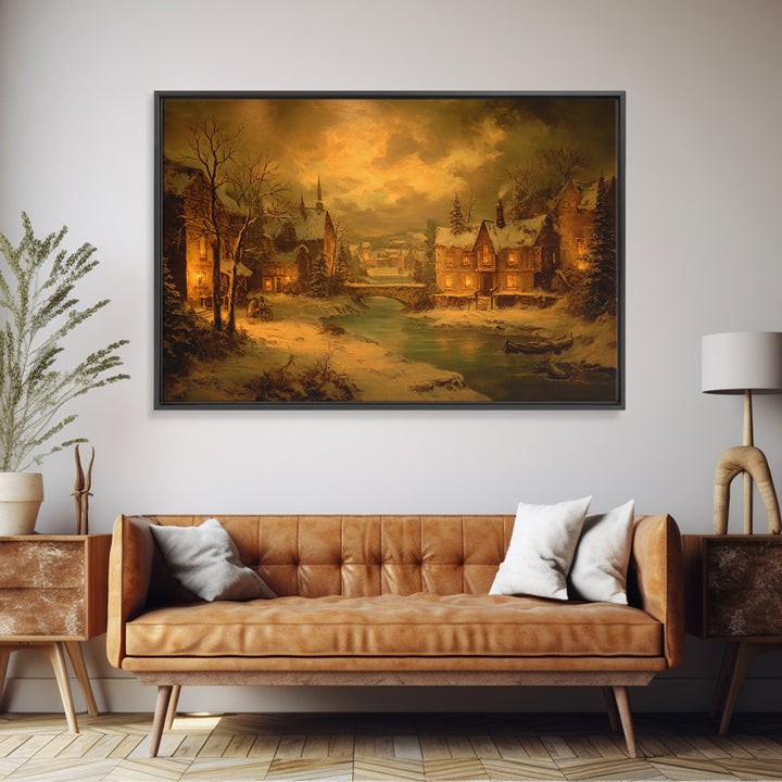 Snowy Village Landscape at Twilight Framed Canvas Print, Traditional Art, Indian Art, Living Room Decor, Oil Painting, Classic, TRA-3x2-23