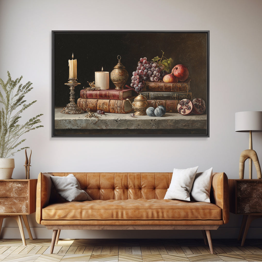 Still Life of Books Candle and Fruit Framed Canvas Print, Traditional Art, Indian Decor, Living Room Decor, Fine Art, Classic, TRA-3x2-24