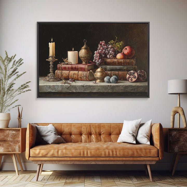 Still Life of Books Candle and Fruit Framed Canvas Print, Traditional Art, Indian Decor, Living Room Decor, Fine Art, Classic, TRA-3x2-24