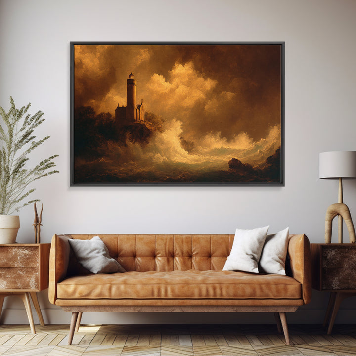 Lighthouse with Crashing Waves Framed Canvas Print, Traditional Art, Landscape, Living Room Decor, Abstract Art, Classic, TRA-3x2-25