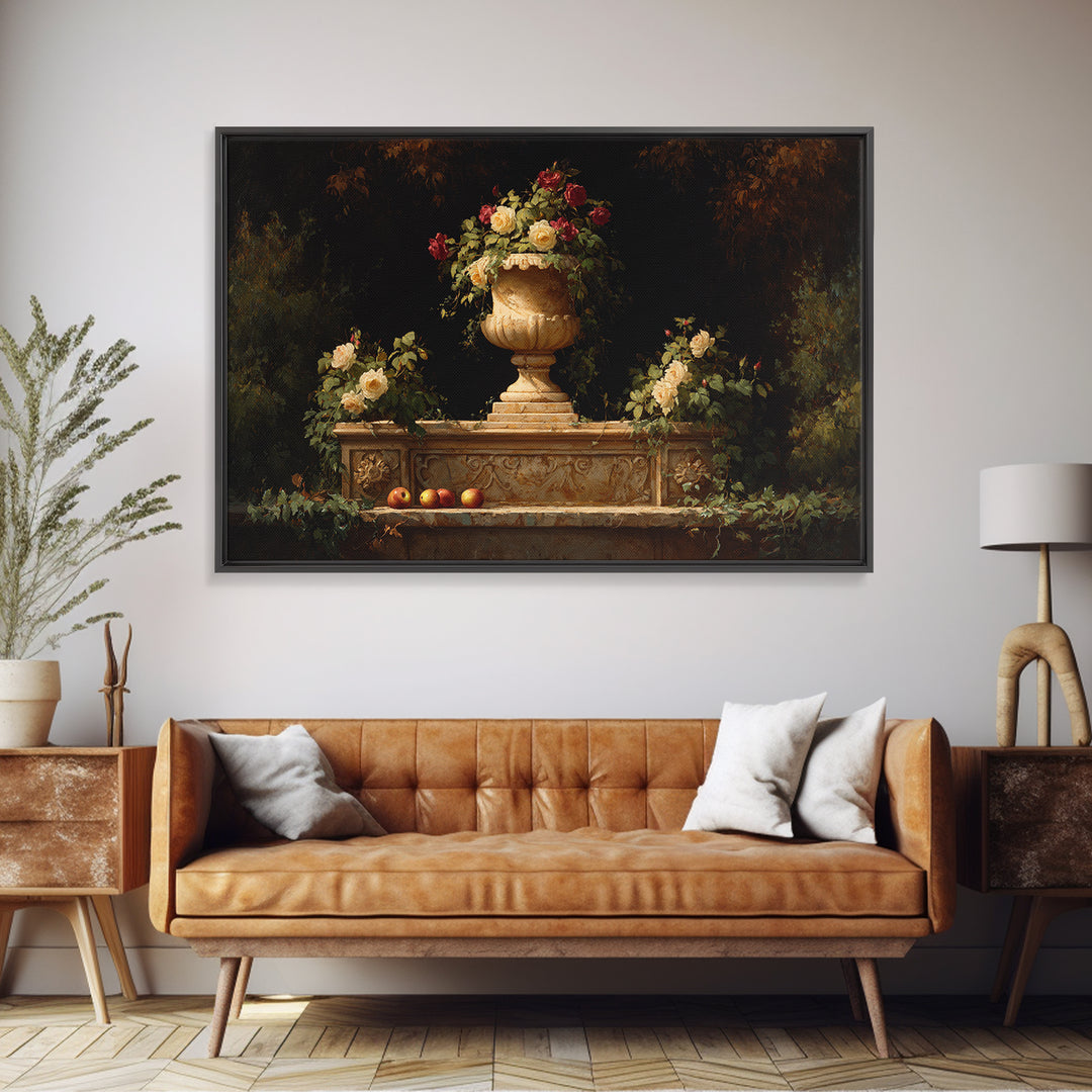 Garden Urn with Roses and Ivy Framed Canvas Print, Traditional Art, Custom Art, Living Room Decor, Fine Art, Classic, TRA-3x2-28