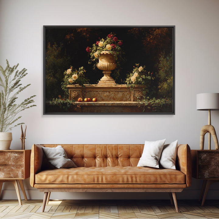 Garden Urn with Roses and Ivy Framed Canvas Print, Traditional Art, Custom Art, Living Room Decor, Fine Art, Classic, TRA-3x2-28