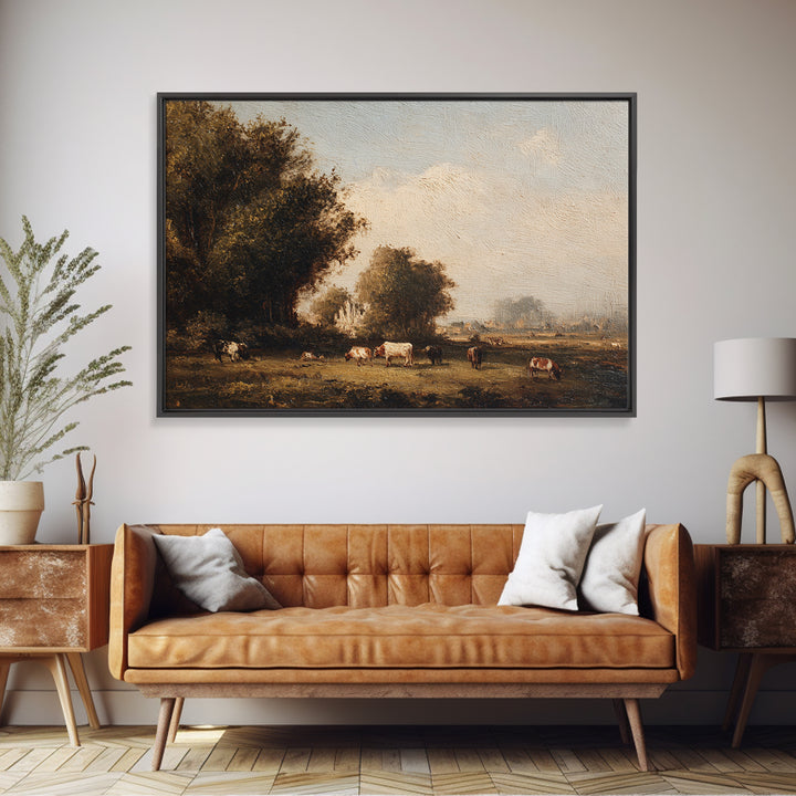 Pastoral Countryside with Cows in Field Framed Canvas Print, Traditional Art, Room Decor, Living Room Decor, Fine Art, Classic, TRA-3x2-35