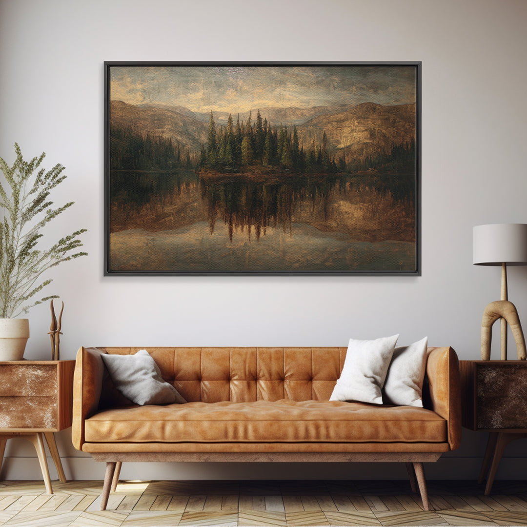 Mountain Lake with Pine Forest Reflection Canvas Print, Traditional Art, Dark Art, Living Room Decor, Fine Art, Classic, TRA-3x2-37