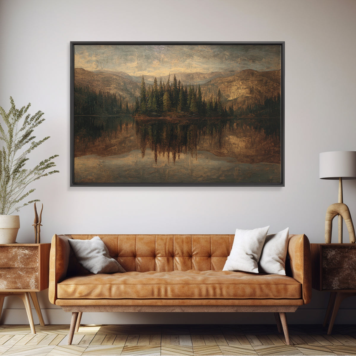 Mountain Lake with Pine Forest Reflection Canvas Print, Traditional Art, Dark Art, Living Room Decor, Fine Art, Classic, TRA-3x2-37