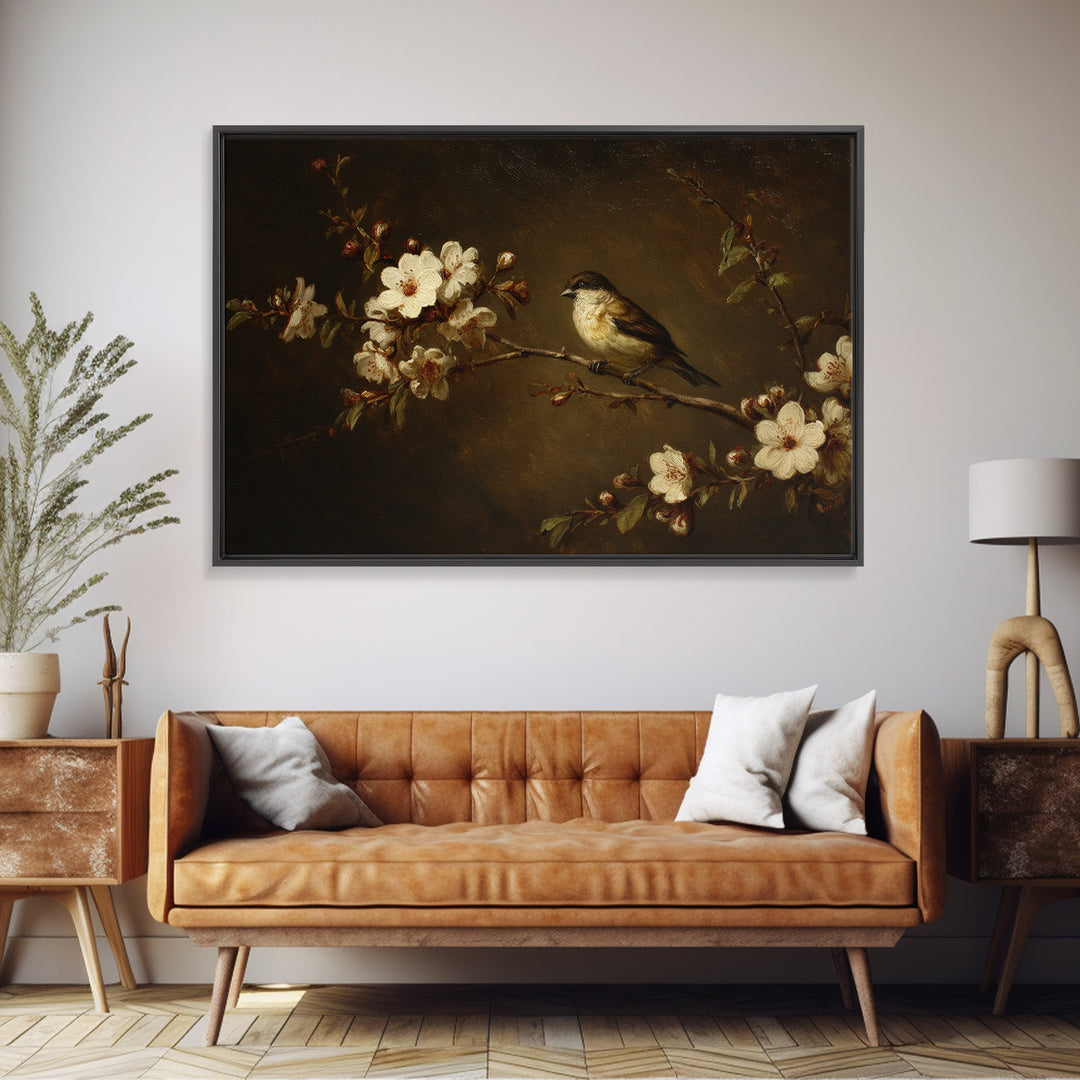 Bird Study on a Flowering Branch Canvas Print, Traditional Art, Japanese Art, Living Room Decor, Watercolor Art, Classic, TRA-3x2-38