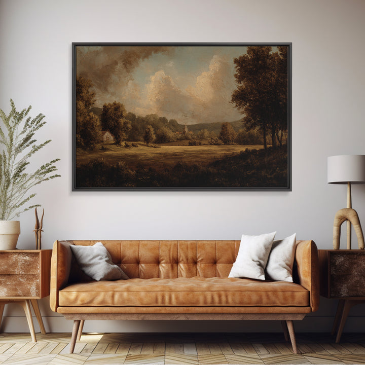 Church Steeple Across Rural Meadow Framed Canvas Print, Traditional Art, Pokemon Poster, Living Room Decor, Watercolor Art, TRA-3x2-41