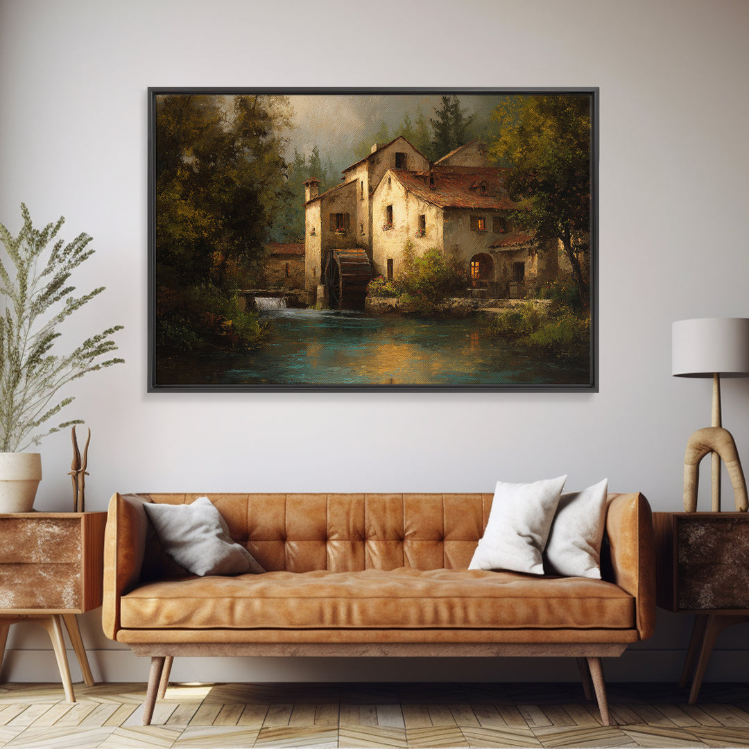Watermill Beside a Quiet Stream Framed Canvas Print, Traditional Art, Gallery Decor, Living Room Decor, Fine Art, Classic, TRA-3x2-45