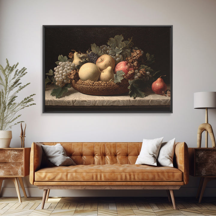 Basket of Apples and Pears on Linen Framed Canvas Print, Traditional Art, Custom Art, Living Room Decor, Abstract Art, Classic, TRA-3x2-46