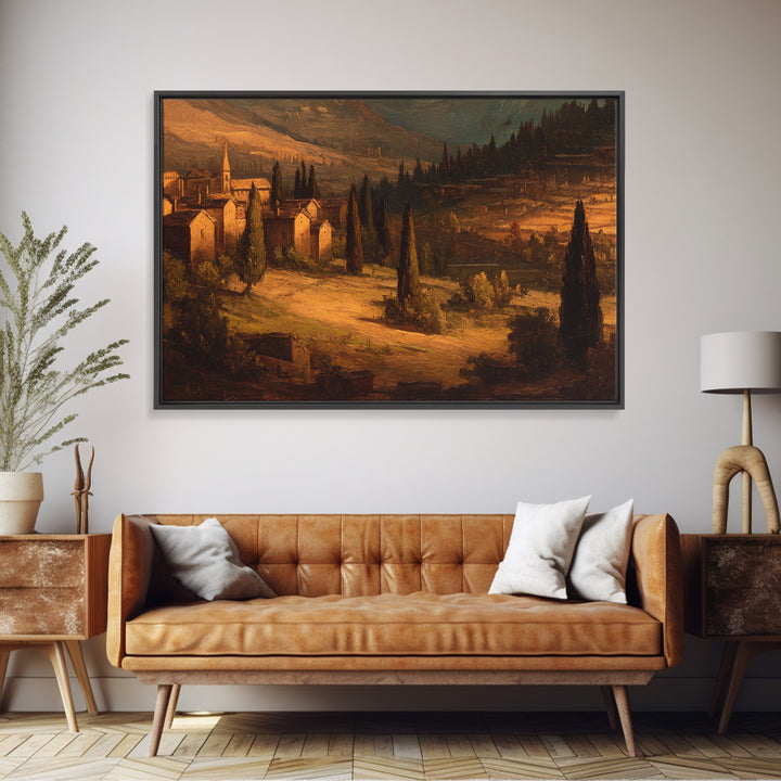 Snowy Village Landscape at Twilight Framed Canvas Print, Traditional Art, Art Print, Living Room Decor, Fine Art, Classic, TRA-3x2-47