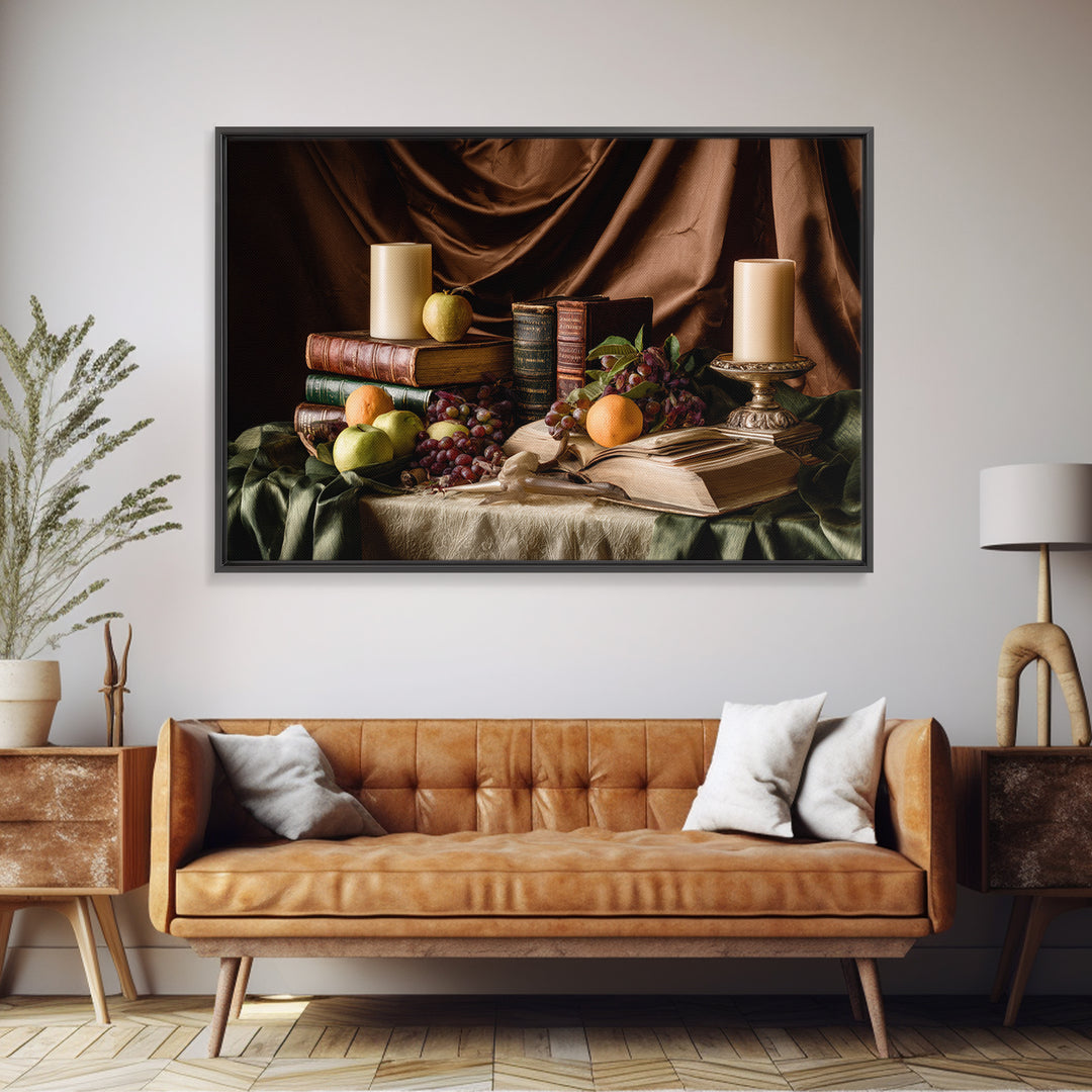 Still Life of Books Candle and Fruit Canvas Print, Traditional Art, Gallery Decor, Living Room Decor, Fine Art, Classic, TRA-3x2-48